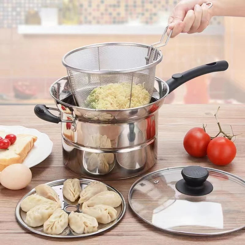 Multifunction Pot 3 in 1 Stainless Steam and Deep Frying Cooking Pot with Boil Basket