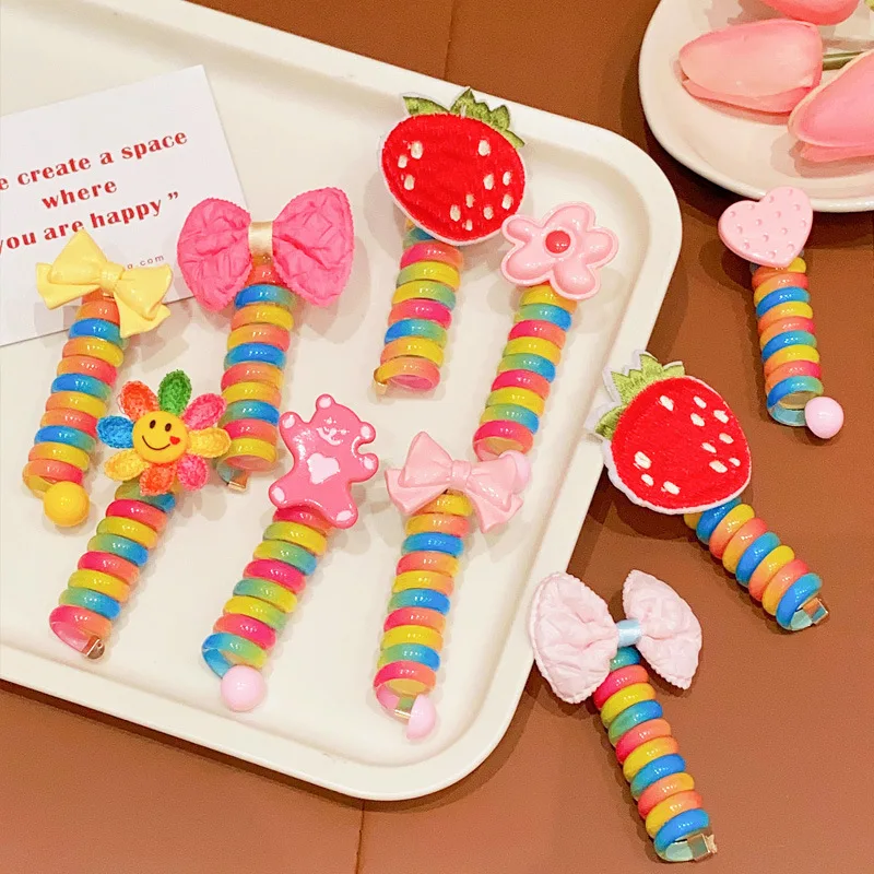 Best Seller! Korean Kids Flowers Rainbow Telephone Wire Hair Tie