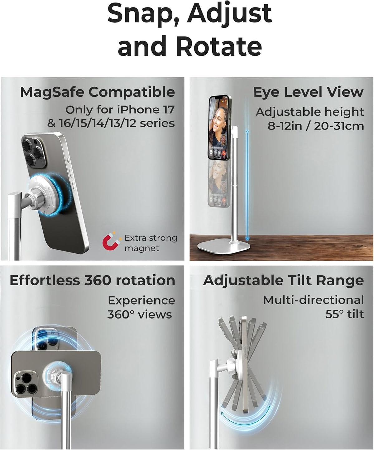 Adjustable Magnetic iPhone Stand for Desk & Phone Holder for Video Recording, Compatible with MagSafe