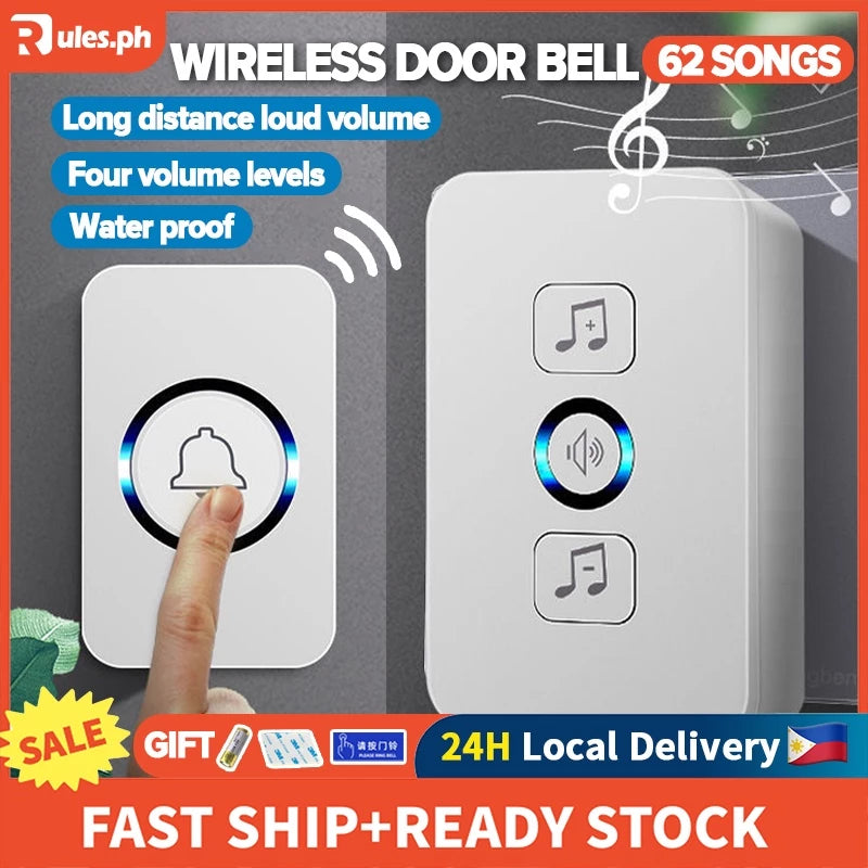 Wireless Doorbell Smart Home Door Bell Waterproof With 62 Ringtones Hole Free Installation For Home
