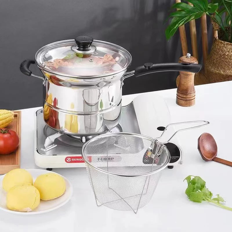 Multifunction Pot 3 in 1 Stainless Steam and Deep Frying Cooking Pot with Boil Basket