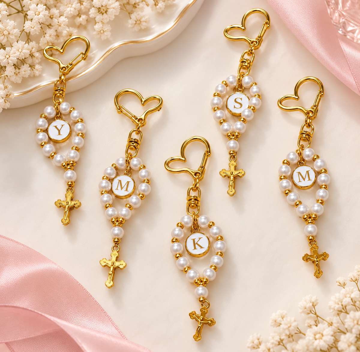 Personalized Gold Pearl Rosary Keychain with Initial Charm With Box