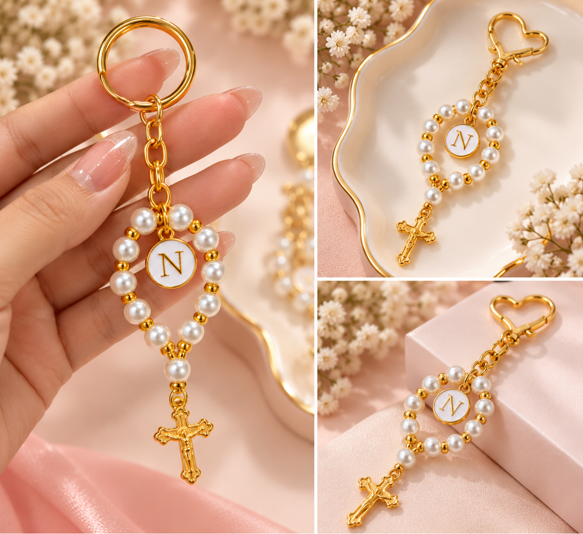 Personalized Gold Pearl Rosary Keychain with Initial Charm With Box