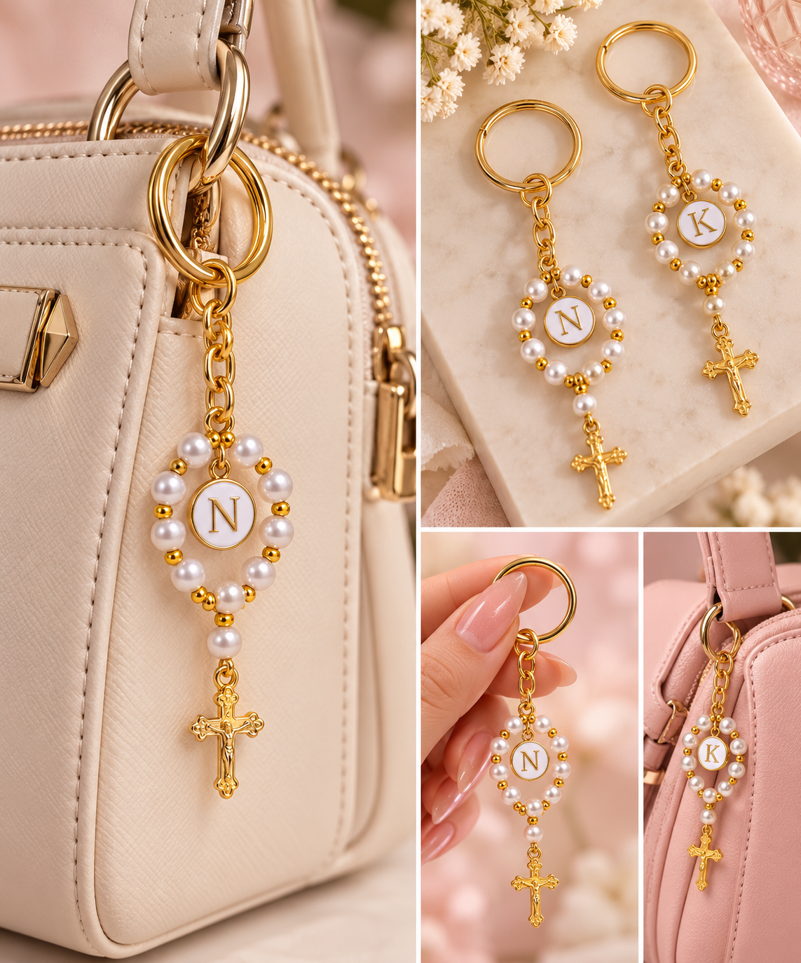 Personalized Gold Pearl Rosary Keychain with Initial Charm With Box