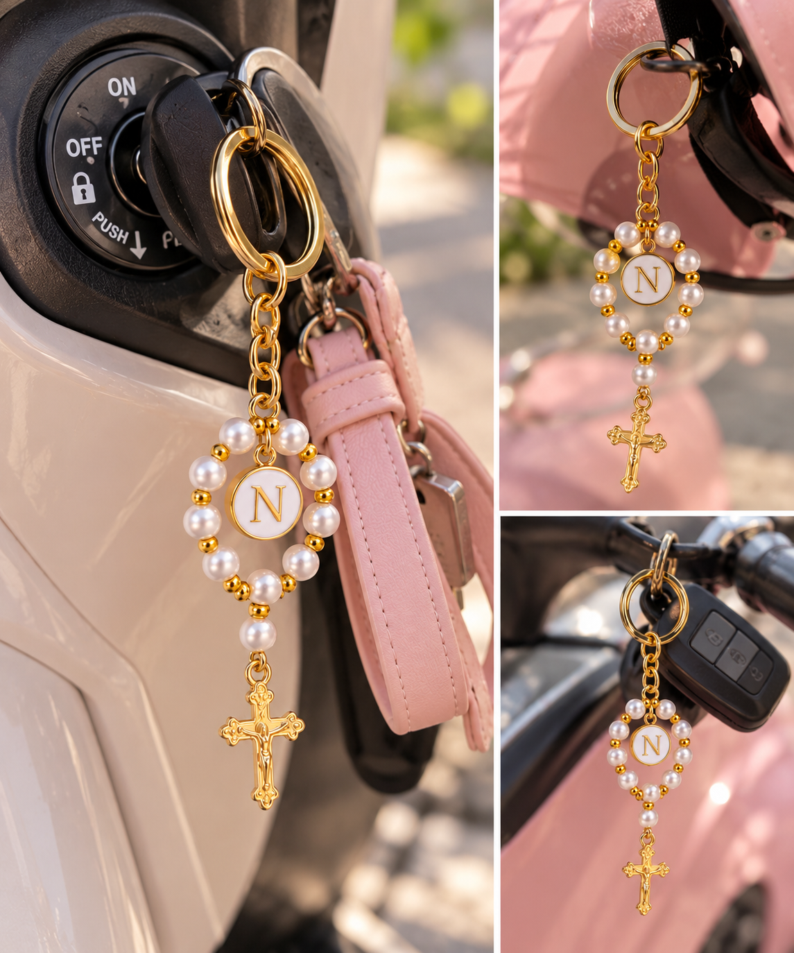 Personalized Gold Pearl Rosary Keychain with Initial Charm With Box
