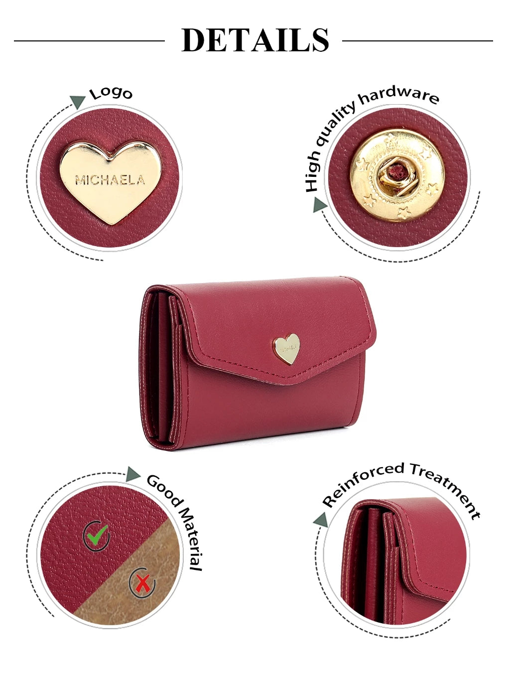 MICHAELA Heart Snap Small Wallet Stylish Multi Compartments Coin Purse