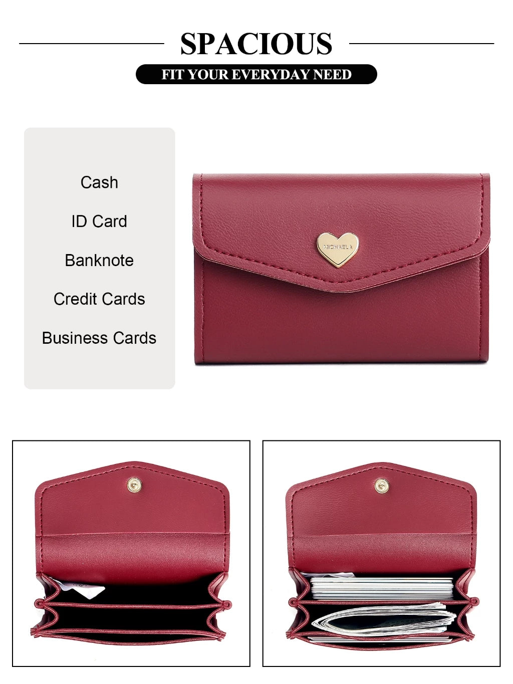 MICHAELA Heart Snap Small Wallet Stylish Multi Compartments Coin Purse