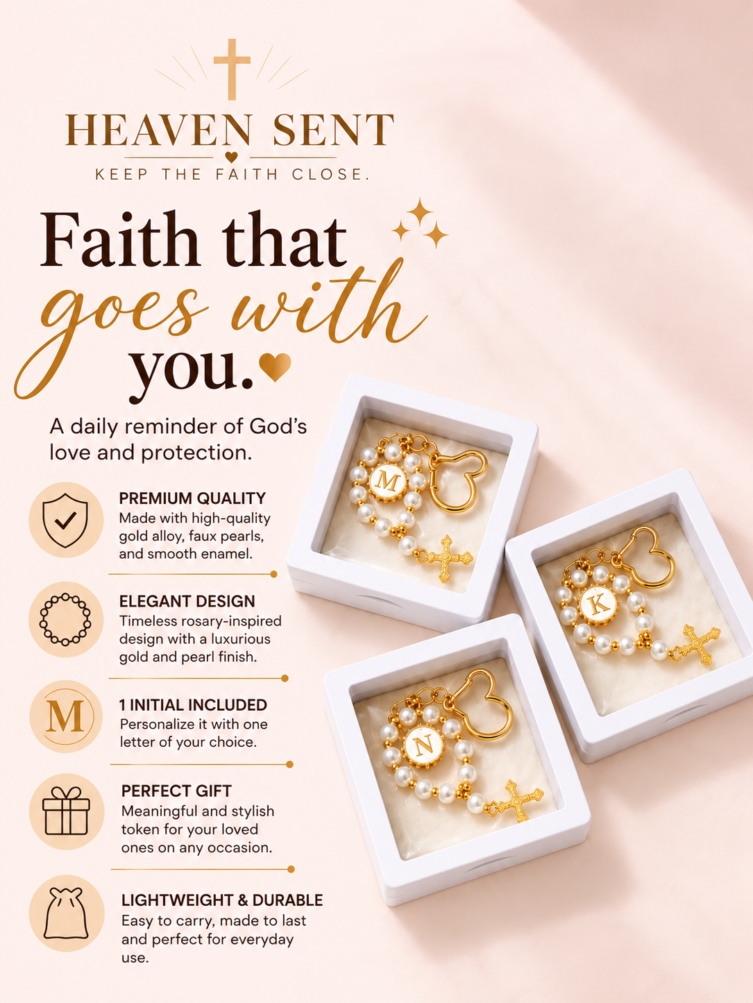 Personalized Gold Pearl Rosary Keychain with Initial Charm With Box