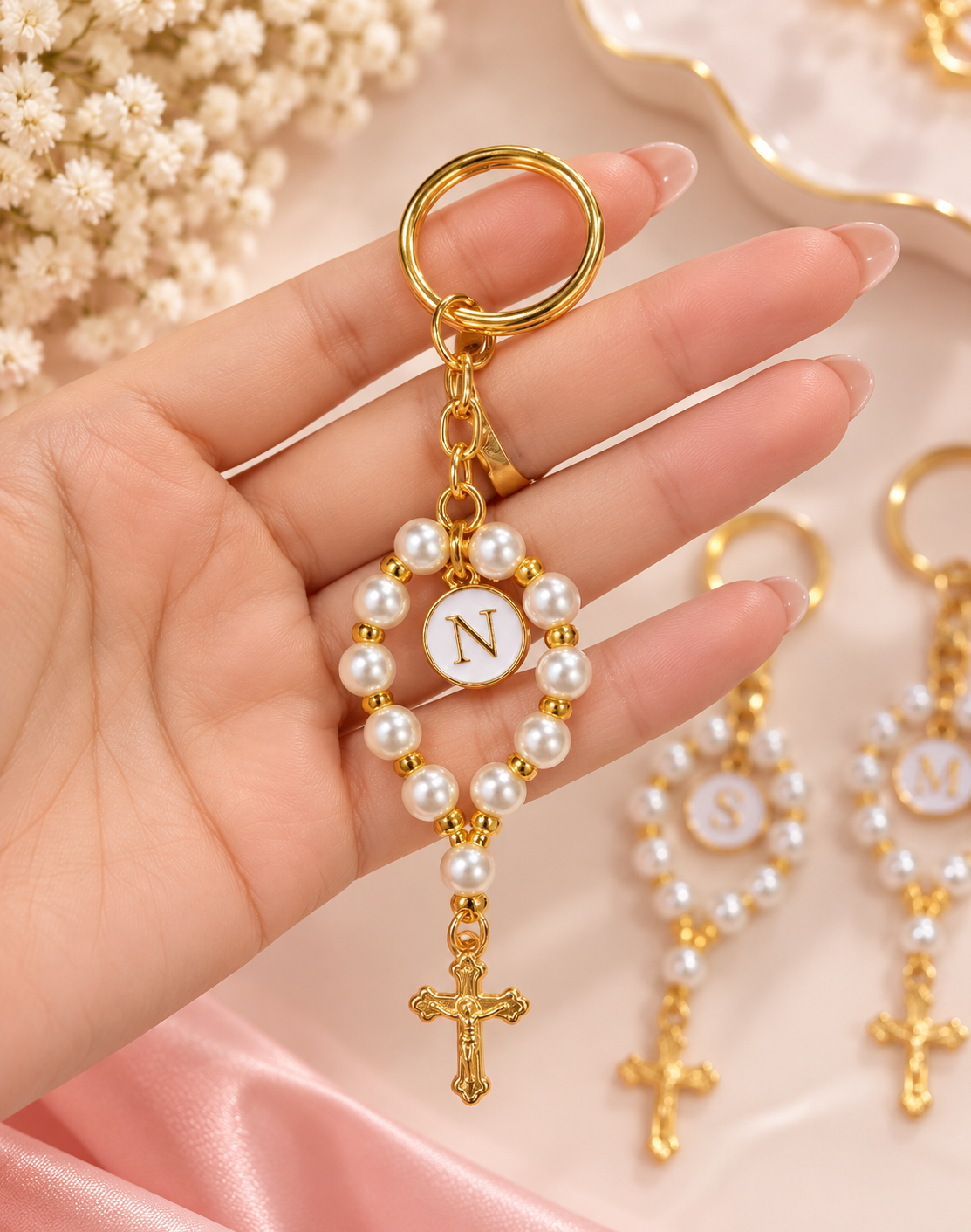 Personalized Gold Pearl Rosary Keychain with Initial Charm With Box