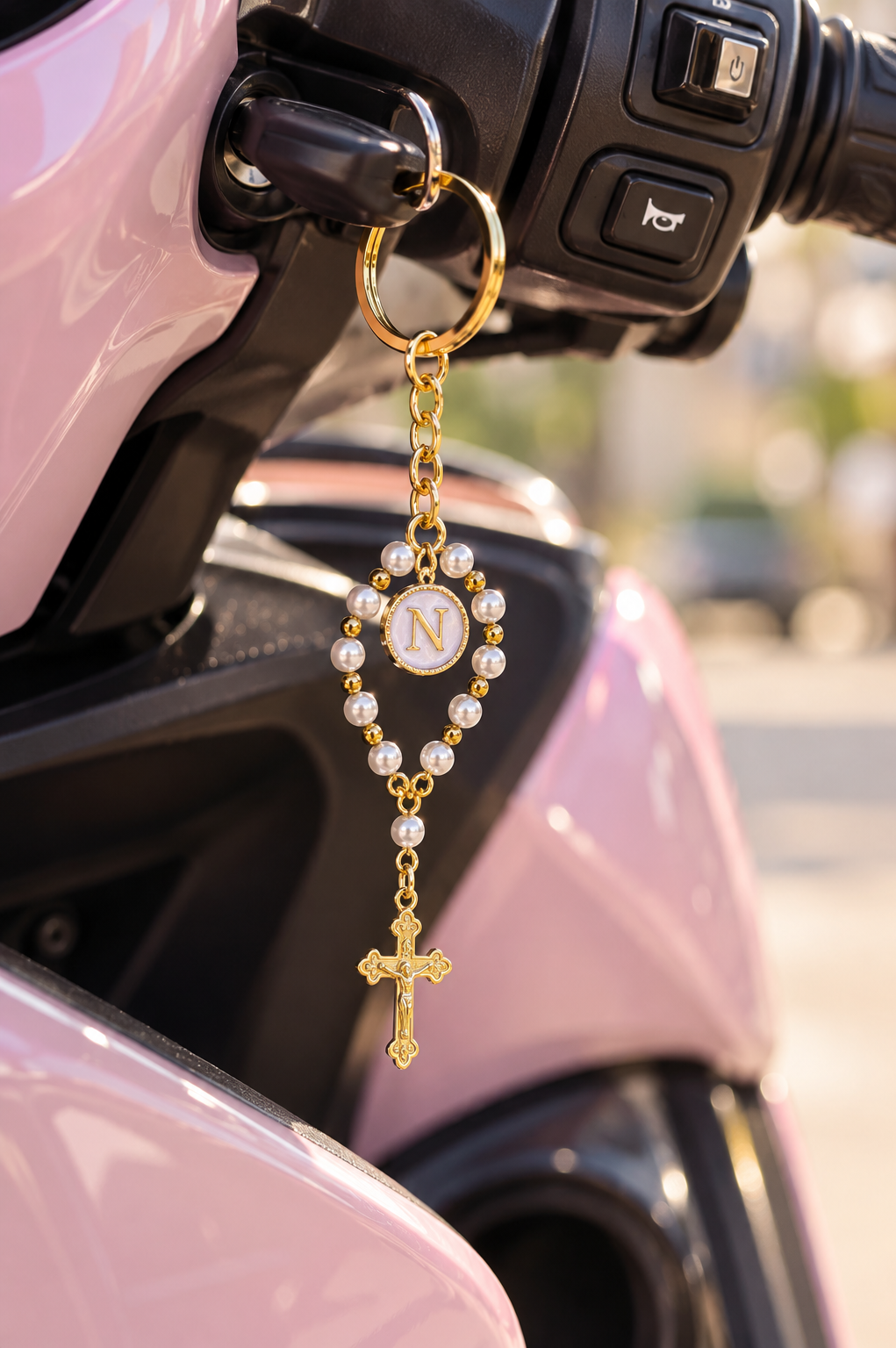 Personalized Gold Pearl Rosary Keychain with Initial Charm With Box