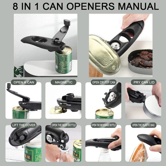 Multifunctional 8 in 1 Manual Can Opener Ergonomic Bottle Opener with Rotary Handle Portable Beer