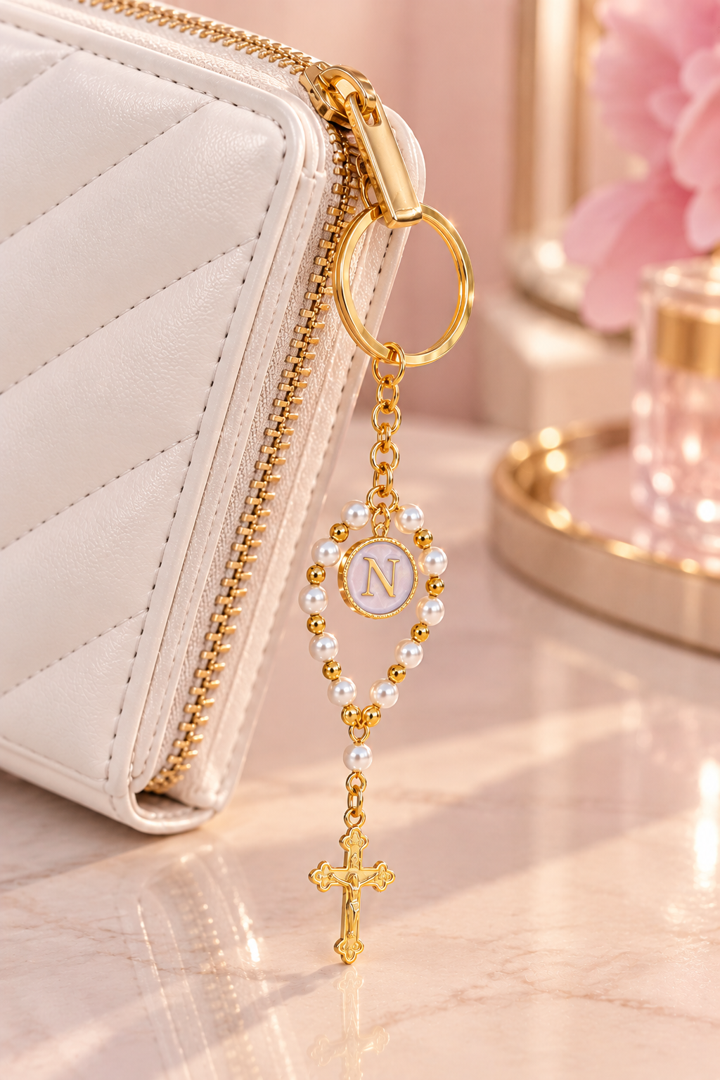 Personalized Gold Pearl Rosary Keychain with Initial Charm With Box